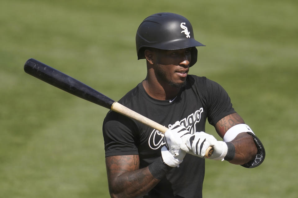 Chicago White Sox's Tim Anderson prepares to hit at practice during a baseball workout in Oakland, Calif., Monday, Sept. 28, 2020. The White Sox are scheduled to play the Oakland Athletics in an American League wild-card playoff series starting Tuesday. (AP Photo/Jeff Chiu)