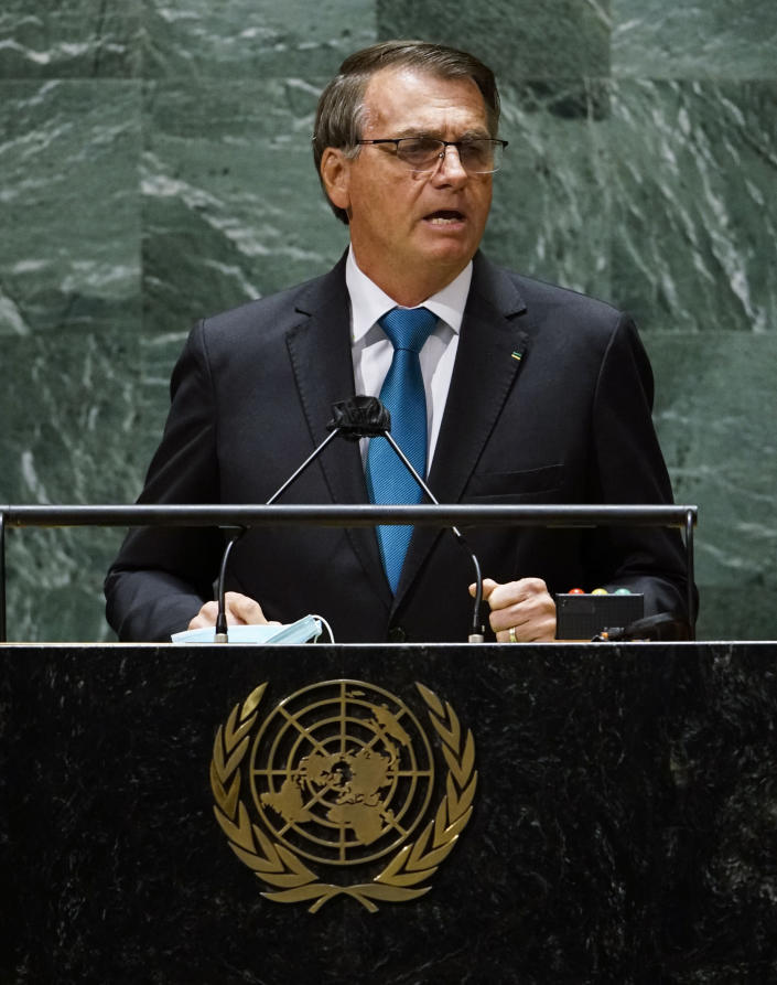 Brazil's President Jair Bolsonaro addresses the 76th Session of the U.N. General Assembly at United Nations headquarters in New York. (Eduardo Munoz/Pool Photo via AP)