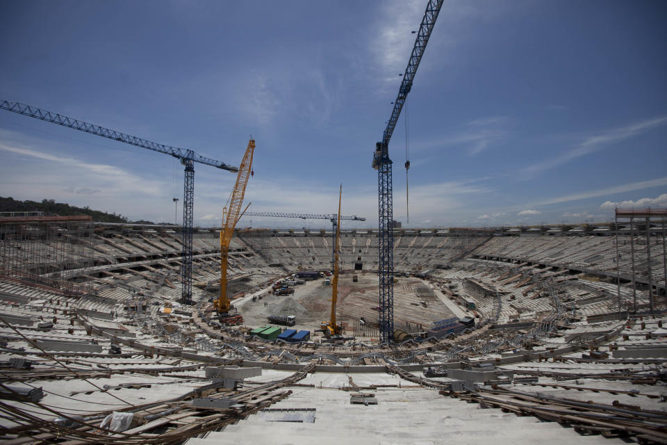 Construction continues at the Maracana soccer stadium during a tour for journalists organized by the Rio 2016 Committee in Rio de Janeiro, Brazil, Monday, Nov. 19, 2012. The IOC Official Debriefing of the London 2012 Games will take place from Nov. 17 to 21 in Rio de Janeiro. (AP Photo/Felipe Dana)