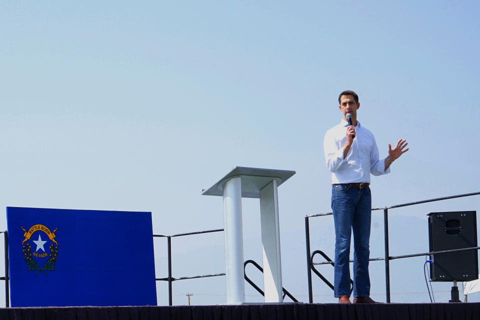 U.S. Sen. Tom Cotton speaks to the crowd, Saturday, Aug. 14, 2021, at Morning in Nevada PAC's Basque Fry at Corley Ranch in Gardnerville, Nev. Cotton told a crowd of about 4,000 Nevada Republicans that Adam Laxalt planned to run for the U.S. Senate against Democrat Catherine Cortez Masto. (AP Photo/Sam Metz)