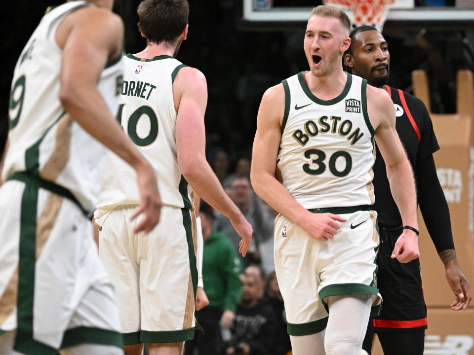 BOSTON, MASSACHUSETTS - NOVEMBER 28: Sam Hauser #30 of the Boston Celtics reacts after scoring against the Chicago Bulls during the fourth quarter of an NBA In-Season Tournament game at the TD Garden on November 28, 2023 in Boston, Massachusetts. NOTE TO USER: User expressly acknowledges and agrees that, by downloading and or using this photograph, User is consenting to the terms and conditions of the Getty Images License Agreement. (Photo by Brian Fluharty/Getty Images)