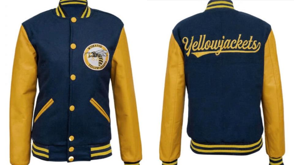 The front and back of a replica varsity bomber jacket worn by Ella Purnell on Yellowjackets 