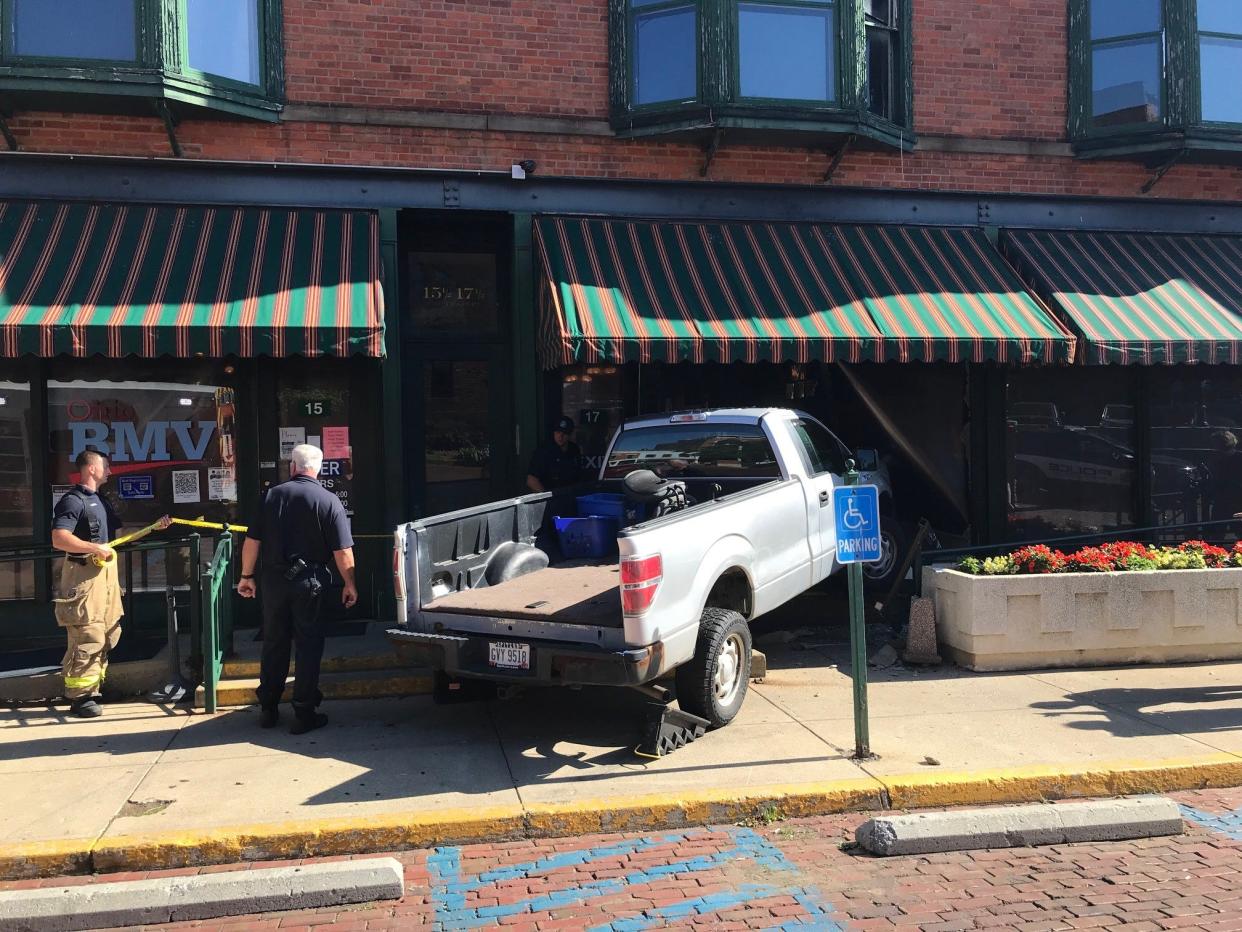 A man drove his pickup truck Thursday morning through the window of the Bureau of Motor Vehicles Office on Temple Court downtown Mansfield, Ohio. No one was hurt.