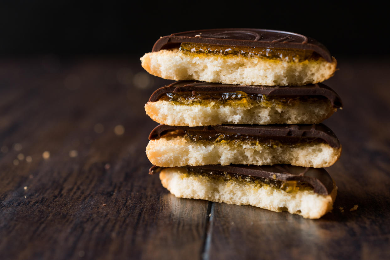 Orange Flavored Round Jaffa Cakes with Chocolate. Dessert Concept.