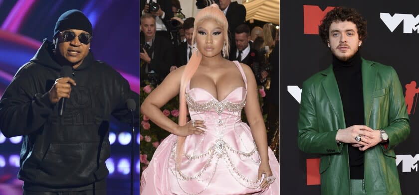 En esta combinación de fotos, de izquierda a derecha, LL Cool J conduce los Premios iHeartRadio de la Música en Los Ángeles el 22 de marzo de 2022, Nicki Minaj posa en la Gala del Met el 6 de mayo de 2019 en Nueva York, y Jack Harlow posa en los Premios MTV a los Videos Musicales el 12 de septiembre de 2021 en Nueva York. Los tres raperos conducirán la ceremonia de los VMA el 28 de agosto de 2022. (Foto AP)