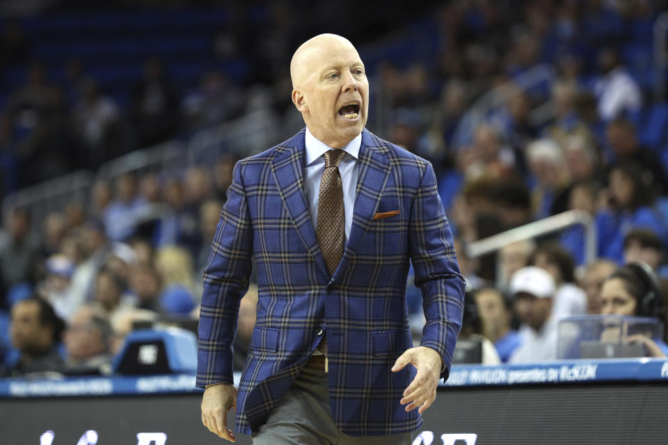 UCLA head coach Mick Cronin reacts during the first half of an NCAA college basketball game against Colorado, Thursday, Feb. 15, 2024, in Los Angeles. (AP Photo/Raul Romero Jr.)