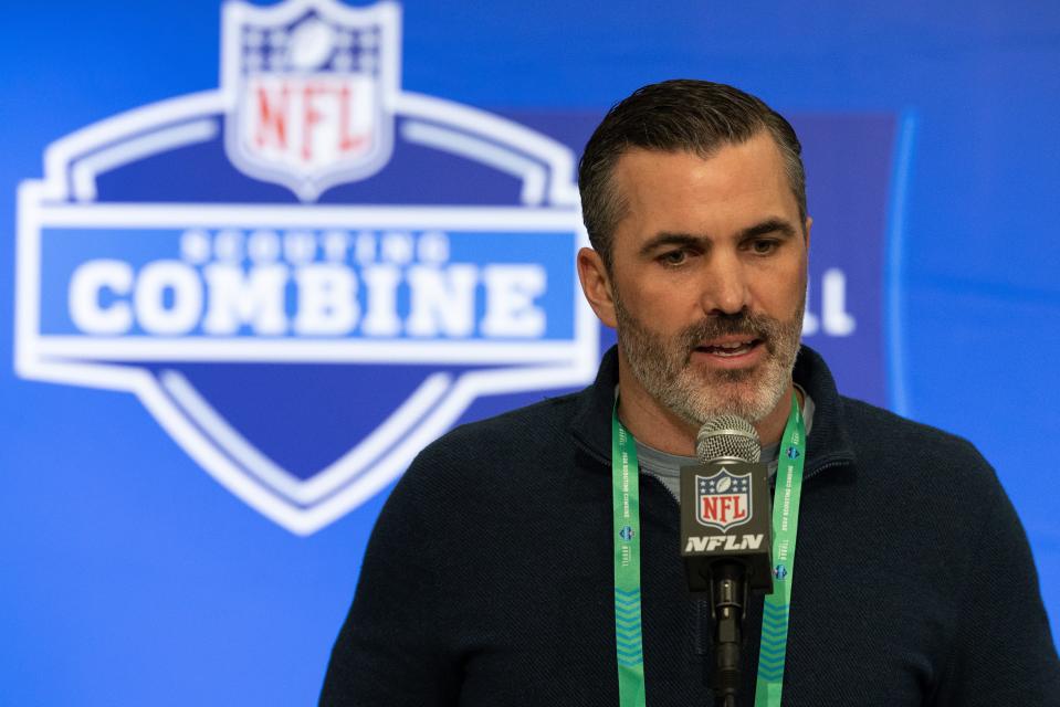 Feb 28, 2024; Indianapolis, IN, USA; Cleveland Browns head coach Kevin Stefanski talks to the media at the 2024 NFL Combine at Indiana Convention Center. Mandatory Credit: Trevor Ruszkowski-USA TODAY Sports