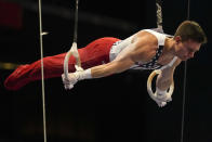 Brody Malone competes on the still rings during the men's U.S. Olympic Gymnastics Trials Saturday, June 26, 2021, in St. Louis. (AP Photo/Jeff Roberson)