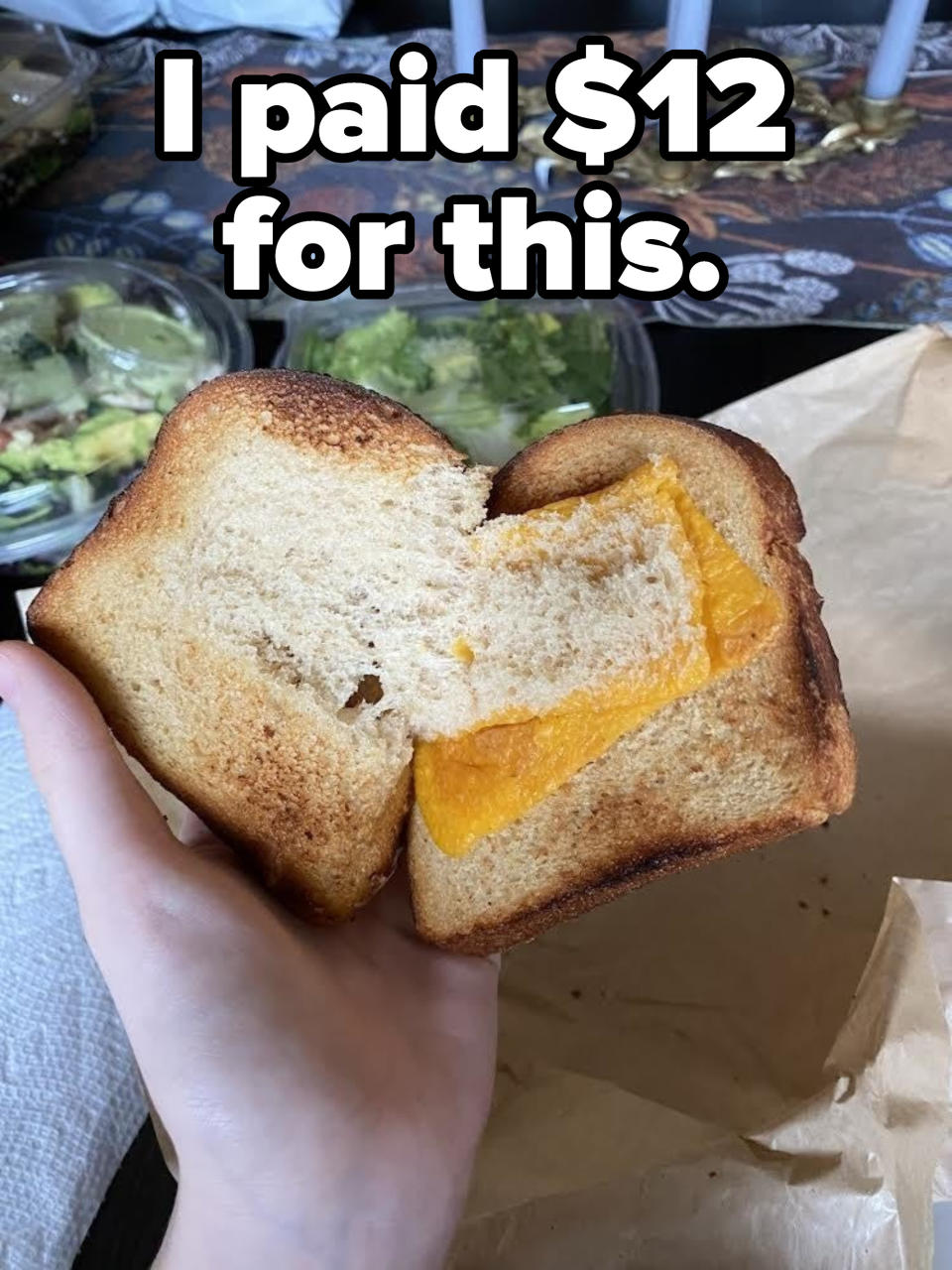 A "grilled cheese" with just a thin slice of overcooked American cheese with the caption "I paid $12 for this"