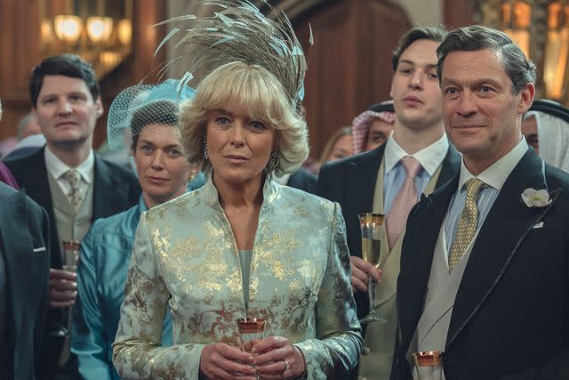 <p>Justin Downing/Netflix</p> Olivia Williams as Camilla Parker Bowles and Dominic West as Prince Charles in episode 10 of season 6 of The Crown on Netflix.