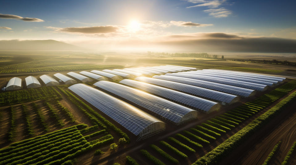 An aerial view of a sprawling farmland with crop fields, greenhouse structures, and cooling facilities.