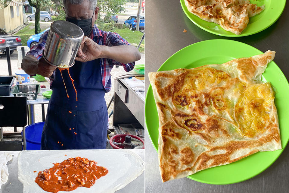 If you prefer a savoury 'roti canai', you can add canned sardines to the dough (left). For a sweet tasting treat, order the 'roti pisang' and ask for it to be cooked 'garing' for that crispy bite matched with soft sliced bananas (right).