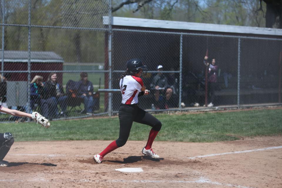 Wapahani's Lala Lee hit a triple in her team's 7-1 win over Wes-Del in the semifinals of the 2022 Delaware County tournament at Wes-Del High School on Saturday, May 7, 2022.