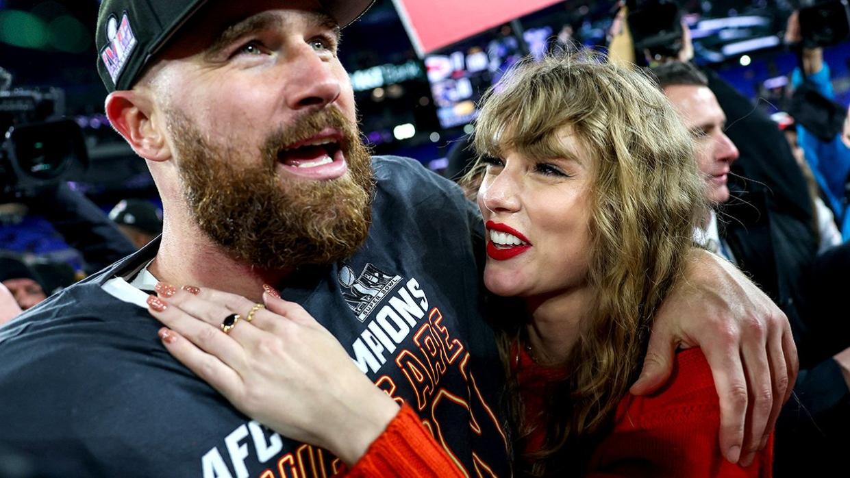 Travis Kelce 87 Kansas City Chiefs celebrates girlfriend Taylor Swift victory against Baltimore Ravens AFC Championship Game