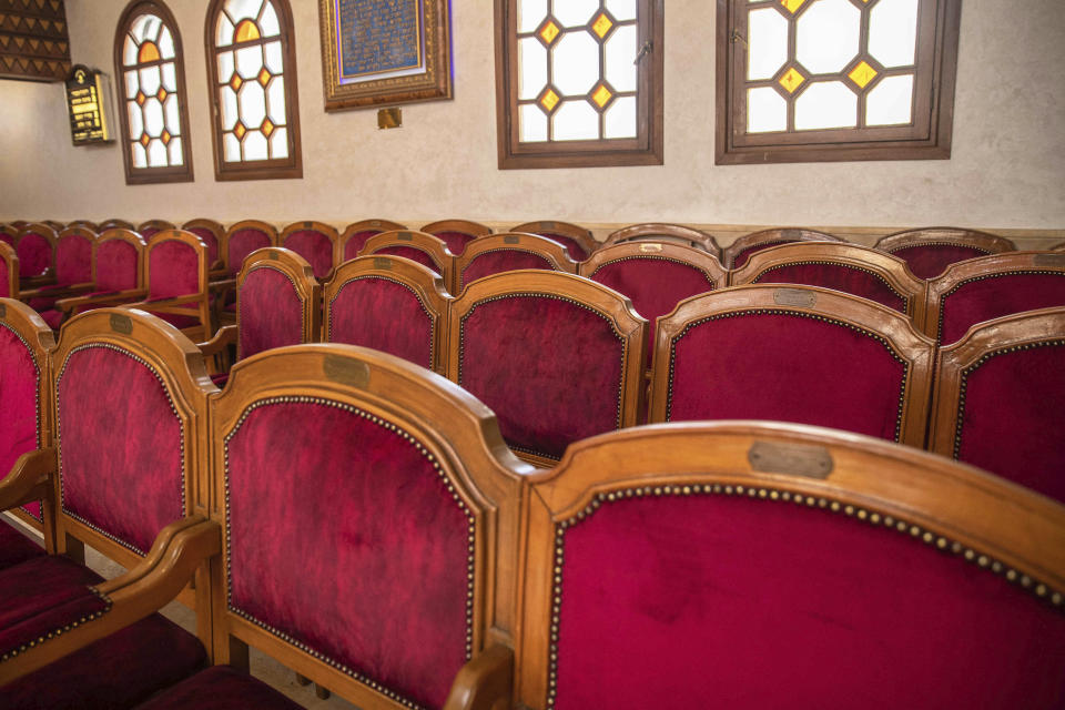 A view inside the empty Synagogue David Hemelekh, which has been closed since the outbreak of Coronavirus, in Casablanca, Morocco, Thursday, May 28, 2020. The city boasts about 15 functioning synagogues, 10 kosher butchers and five kosher restaurants, said Berdugo, an ambassador at-large for Morocco's king and former tourism minister. (AP Photo/Mosa'ab Elshamy)