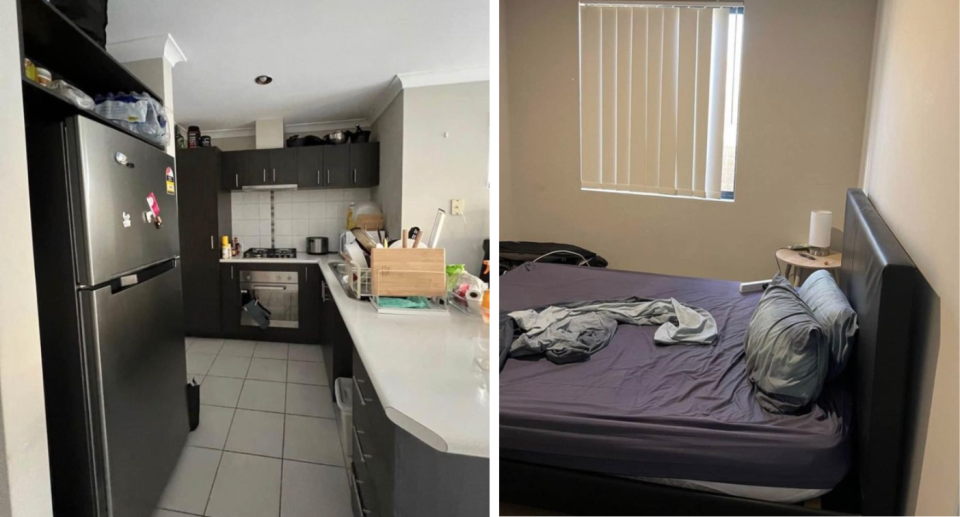 The kitchen inside the Gosnells property (left) and the single bedroom (right). 