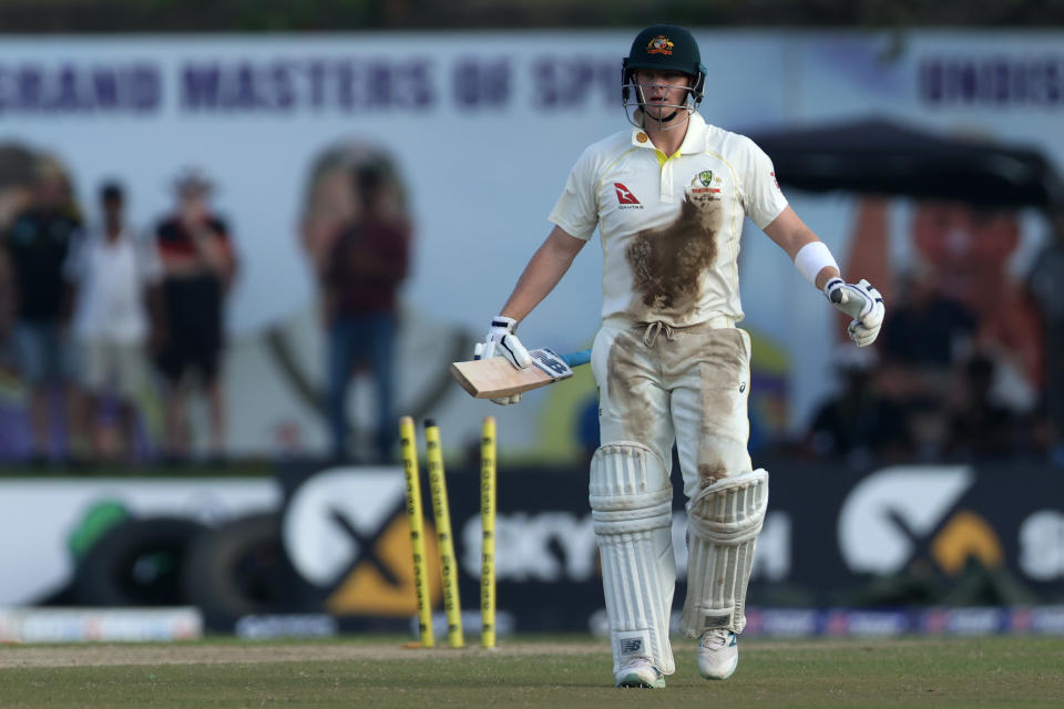 Steve Smith, pictured here after being run out in the first Test between Australia and Sri Lanka.