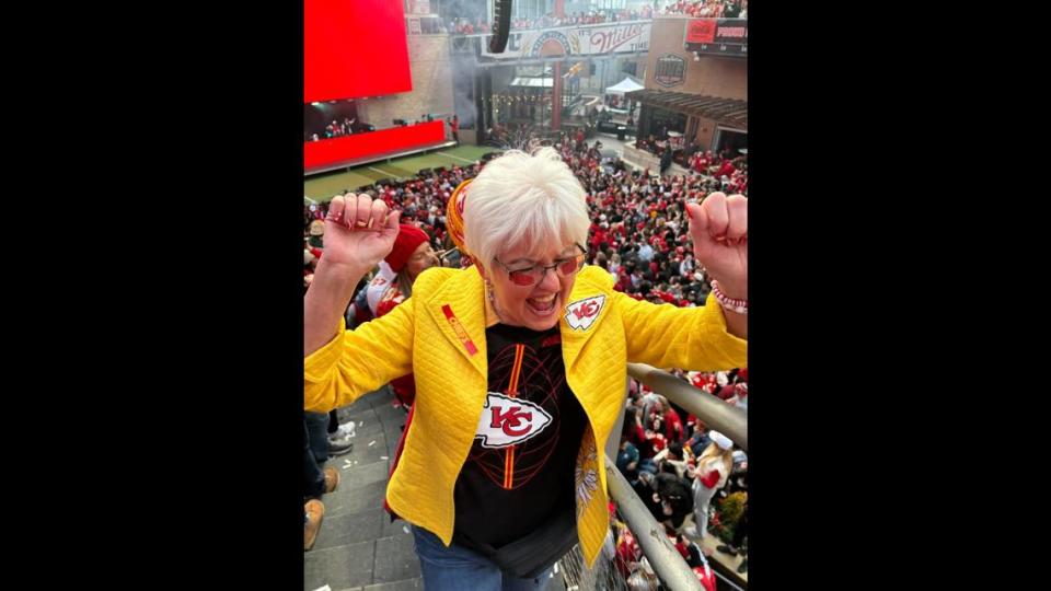 Paula Spielmann, 70, gets ready to cheer for the Kansas City Chiefs at Sunday’s watch party in the Power & Light District. Spielmann drove from South Dakota to visit her daughter in Kansas City.