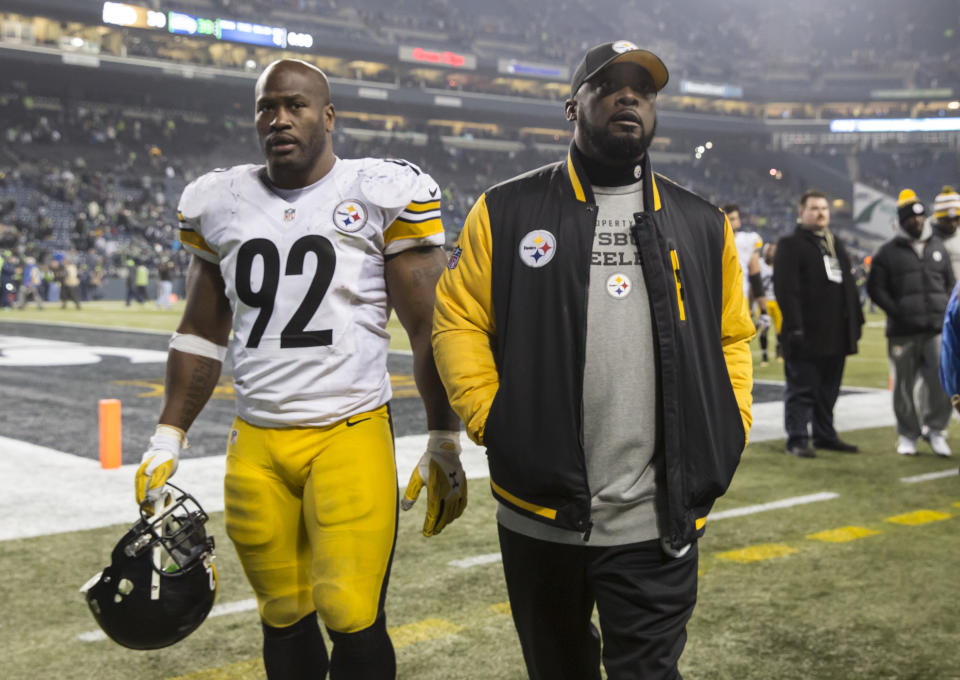 James Harrison took umbrage with the suggestion that Mike Tomlin had a bounty system without actually denying that Tomlin paid his fine. (Photo by Stephen Brashear/Getty Images)