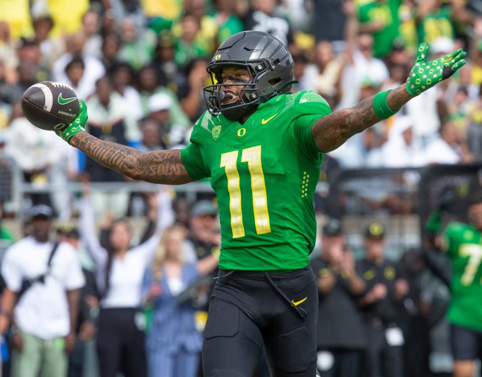 Oregon's Troy Franklin celebrates his second quarter touchdown against Colorado in Eugene on Sept. 23.