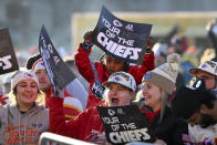 FILE - Kansas City Chiefs fans celebrate during a victory rally in Kansas City, Mo., Wednesday, Feb. 14, 2024. The Chiefs defeated the San Francisco 49ers Sunday in the NFL Super Bowl 58 football game. (AP Photo/Reed Hoffmann, File)