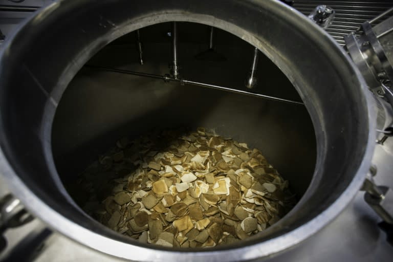 Stale bread pictured in giant kettles during the process of brewing Toast Ale from stale bread, barley and hops at the Wolds Top Brewery in north Yorkshire, England on November 23, 2017