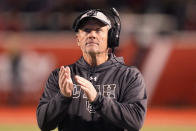 Utah head coach Kyle Whittingham looks on in the second half during an NCAA college football game against Oregon Saturday, Nov. 20, 2021, in Salt Lake City. (AP Photo/Rick Bowmer)