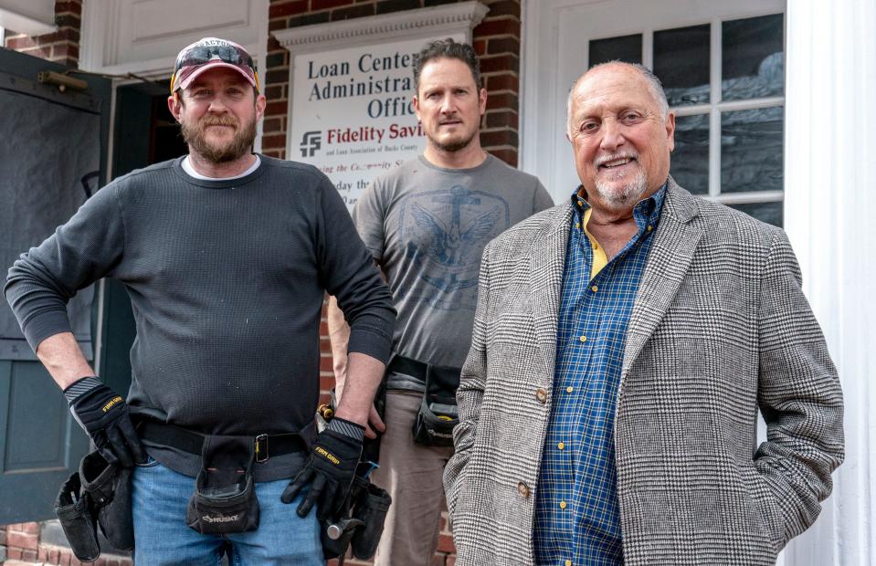 Mike Lafferty, left, with his brother-in-law, Bernie Mazzocchi, center, and father-in-law, Bernard Mazzocchi, right, at the former Fidelity Savings & Loan building they are renovating into a boutique hotel on Radcliffe St. in Bristol on Monday, Mar.4, 2024.
(Credit: Daniella Heminghaus)