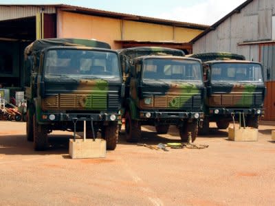 Military trucks are seen at the French Military base Sangaris Mpoko during a visit of French Defence Minister Jean-Yves Le Drian in Bangui, Central African Republic October 31, 2016. REUTERS/Stringer