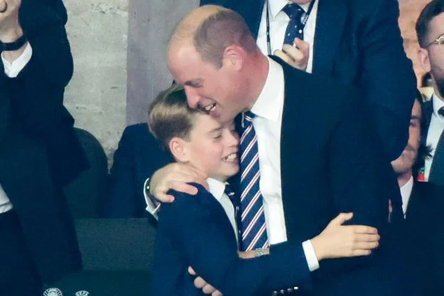 <p>Jean Catuffe/Getty</p> Prince George and Prince William after the UEFA EURO 2024