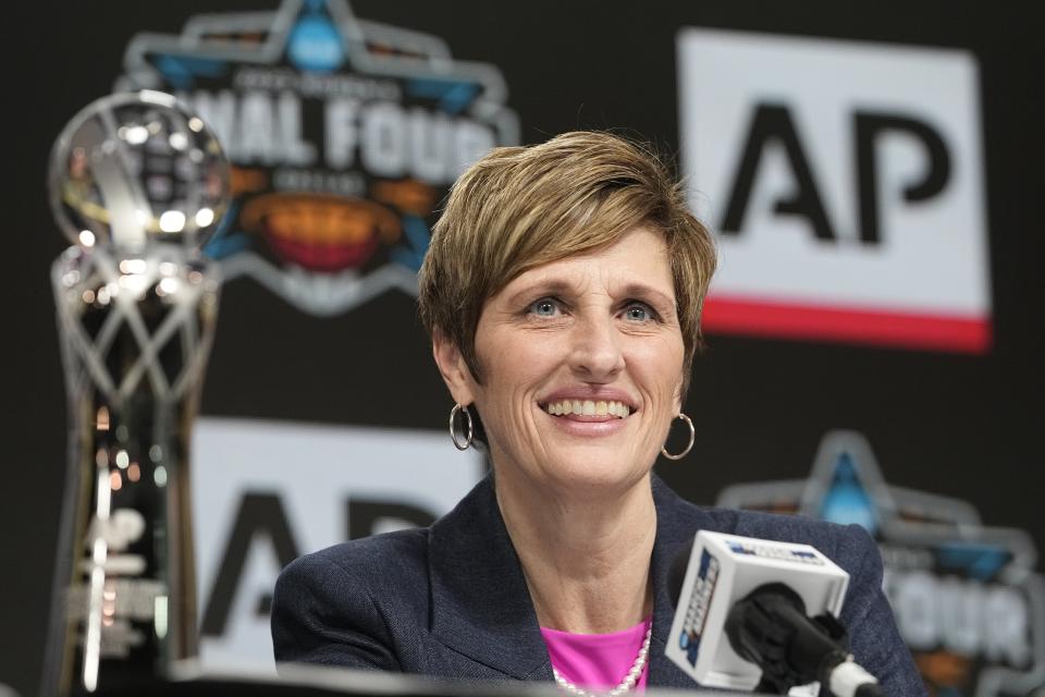 Indiana head coach Teri Moren speaks at a press conference after she was introduced as the AP Coach of the Year Thursday, March 30, 2023, in Dallas. (AP Photo/Darron Cummings)