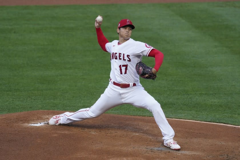 Los Angeles Angels starting pitcher Shohei Ohtani (17) throws during the first inning of a baseball game.
