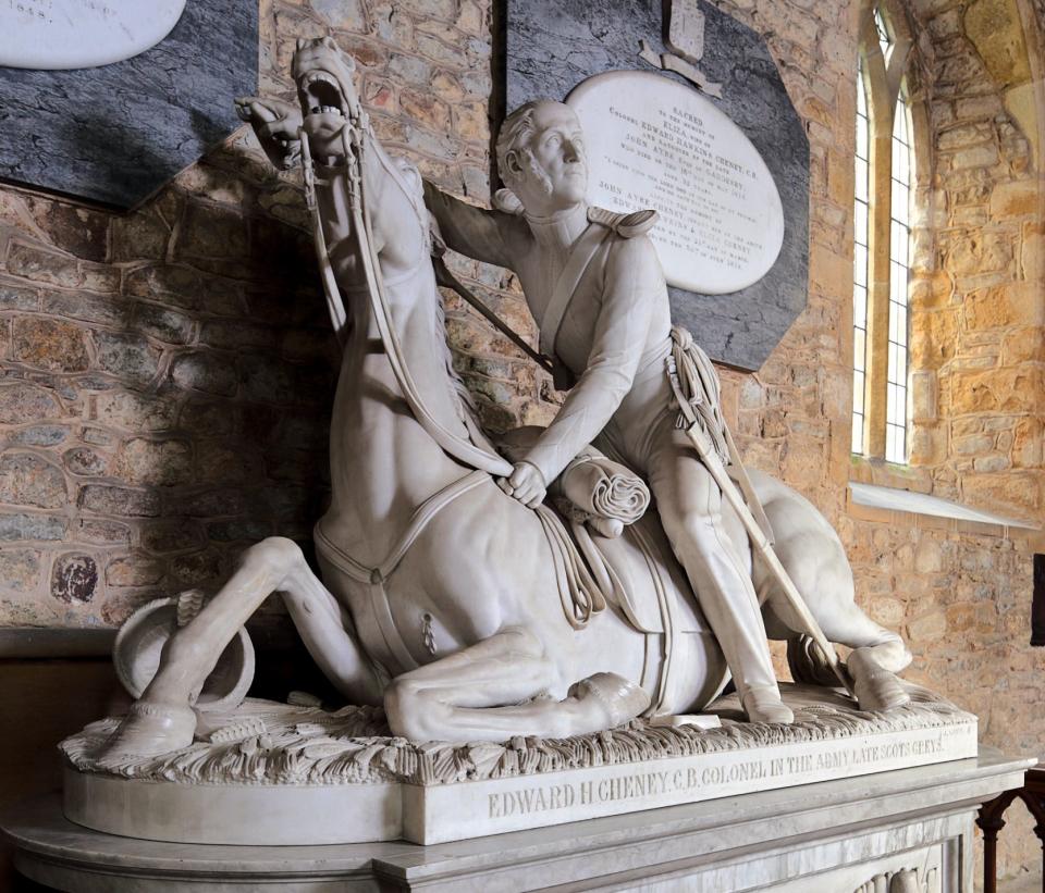 Tomb it may concern: at Gaddesby, in Leicestershire, Edward Cheney, a captain in the Scots Greys, sits astride one of the four horses shot dead from under him in the final hour of Waterloo; a fifth horse was merely wounded. Cheney was made a colonel - CB Newham