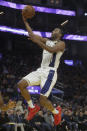 Indiana Pacers forward T.J. Warren shoots against the Golden State Warriors during the first half of an NBA basketball game in San Francisco, Friday, Jan. 24, 2020. (AP Photo/Jeff Chiu)