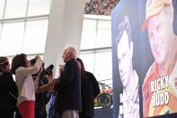 Former driver Ricky Rudd takes questions from the media after learning of his induction to the 2025 NASCAR Hall of Fame, Tuesday, May 21, 2024, in Charlotte, N.C. (AP Photo/Matt Kelley)