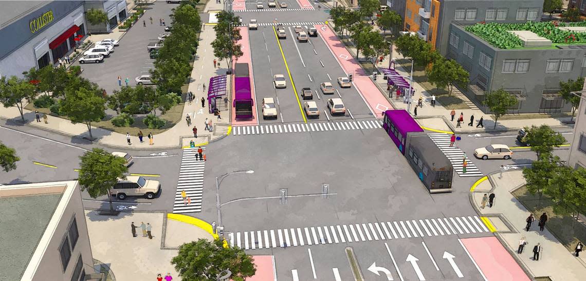 A conceptual rendering of what planners envision Collister Drive and State Street could look like with high-density development when a bus rapid transit system is built out.