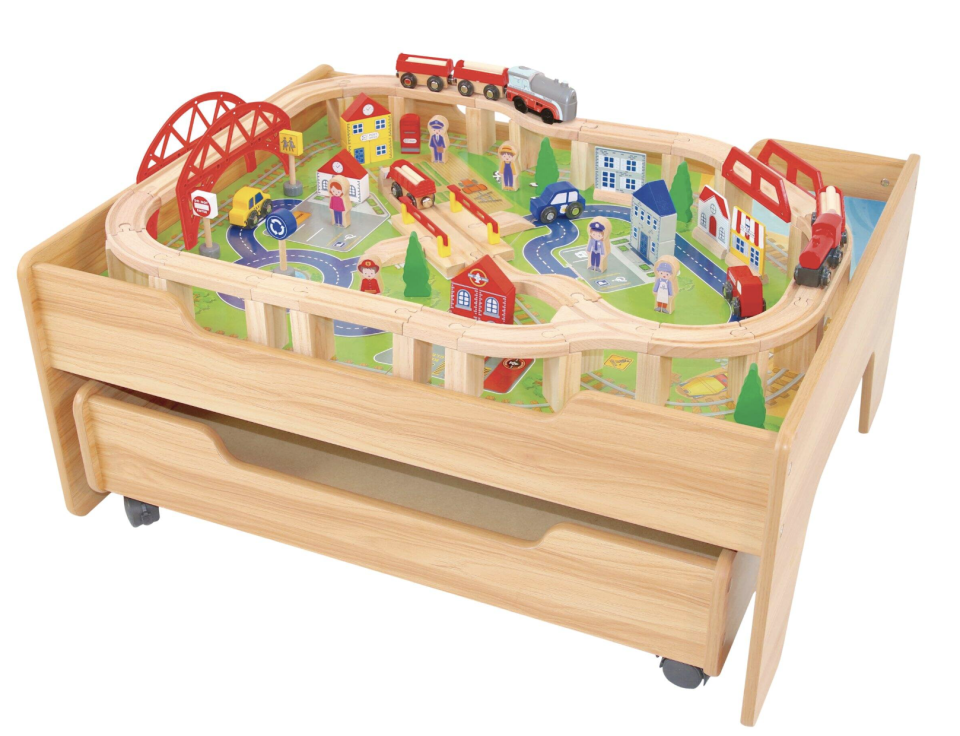 Kids' Wooden Train Track Set & Activity Table. Image via Canadian Tire.