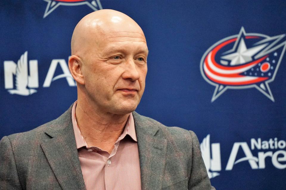 Blue Jackets general manager Jarmo Kekalainen meets with the media at Nationwide Arena on Feb. 25, 2019.
