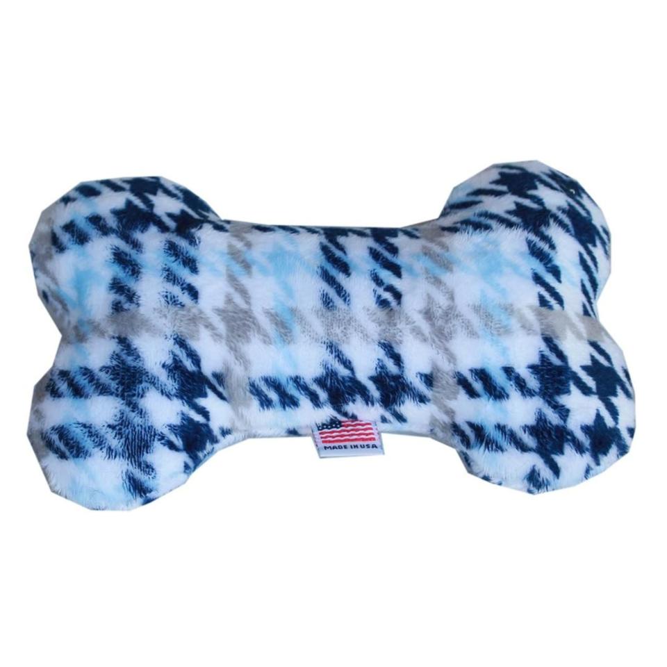 Plaid blue plush squeaky dog bone