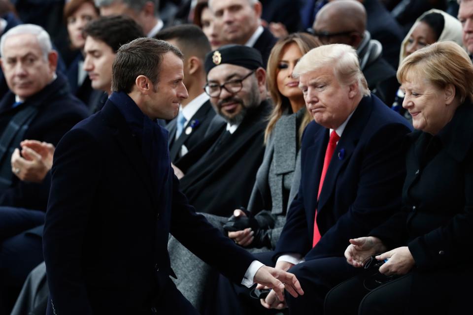<em>Emmanuel Macron, Angela Merkel y Donald Trump: izquierdas, derechas y matices. (AFP)</em>