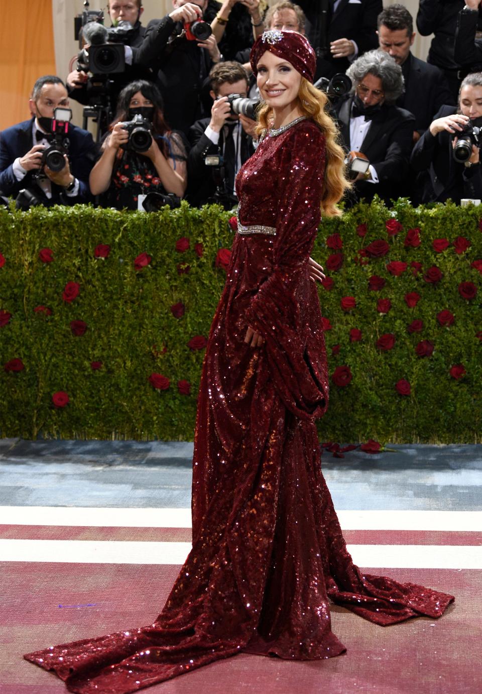 Jessica Chastain stunned with this maroon number at the Met Gala on May 2, 2022.