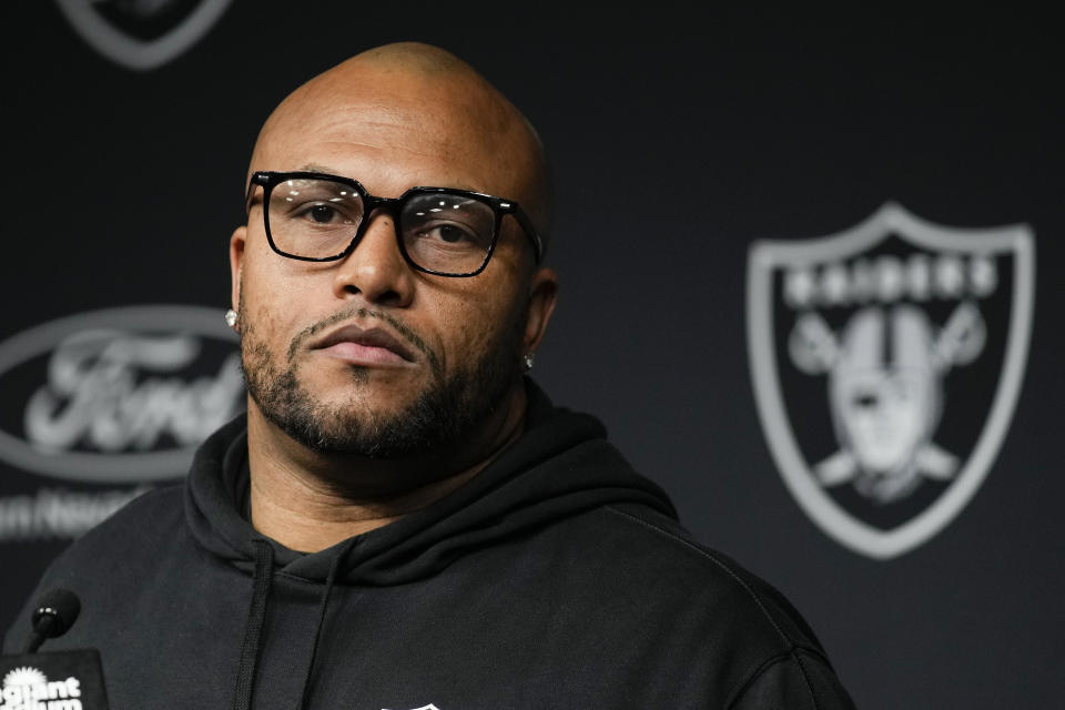 FILE - Las Vegas Raiders interim head coach Antonio Pierce talks to reporters following an NFL football game against the Denver Broncos, Jan. 7, 2024, in Las Vegas. The Raiders have agreed to hire Pierce to be their next coach and the two sides are finalizing the deal, a person familiar with the decision told the AP. The person spoke on condition of anonymity because the team has not made the announcement. (AP Photo/John Locher, File)