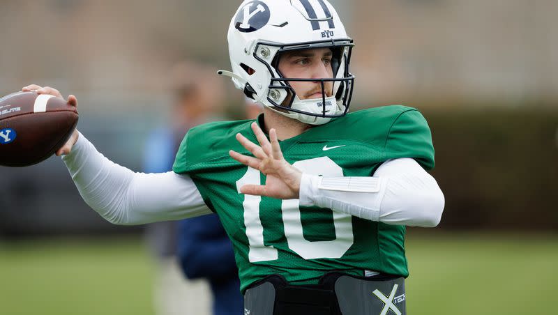 BYU quarterback Kedon Slovis prepares to throw during spring camp. The Pitt transfer has already become something of a celebrity in Provo.