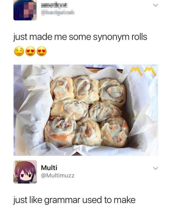 tweet of someone spelling cinnamon rolls a synomnym