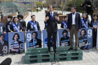 Cho Kuk, leader of the South Korean Rebuilding Korea Party, speak during a campaign rally for the upcoming parliamentary election in Seoul, South Korea, Thursday, April 4 2024. As South Koreans prepare to vote for a new 300-member parliament next week, many are choosing their livelihoods and other domestic topics as their most important election issues. This represents a stark contrast from past elections, which were overshadowed by security and foreign policy issues like North Korean nuclear threats and the U.S. security commitment. (AP Photo/Ahn Young-joon)