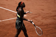 United States's Coco Gauff reacts as she plays Czech Republic's Barbora Krejcikova during their quarterfinal match of the French Open tennis tournament at the Roland Garros stadium Wednesday, June 9, 2021 in Paris. (AP Photo/Thibault Camus)