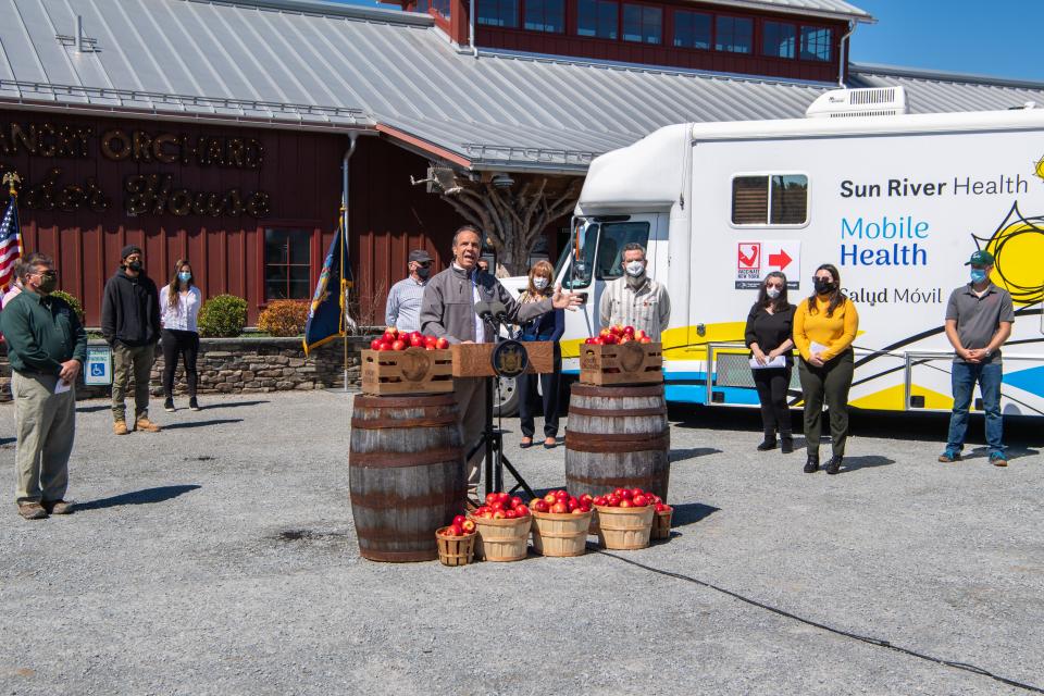 Gov. Andrew Cuomo held a COVID briefing and announced mobile vaccination sites to open during an event April 13, 2021, at the Angry Orchard Cider House in Walden, Orange County. The press was not allowed to attend