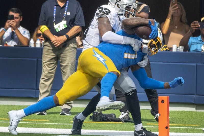 Los Angeles Chargers tight end Gerald Everett (R) is my No. 10 play in Week 1. File Photo by Mike Goulding/UPI