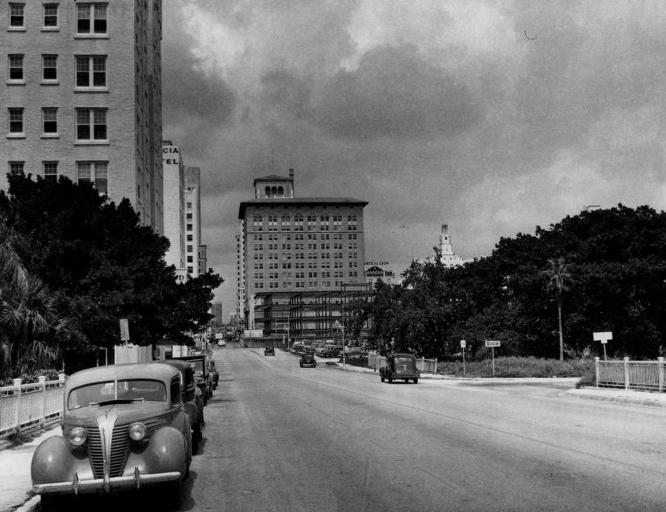In 1948, the view looking north along Southeast Second Avenue toward downtown Miami.