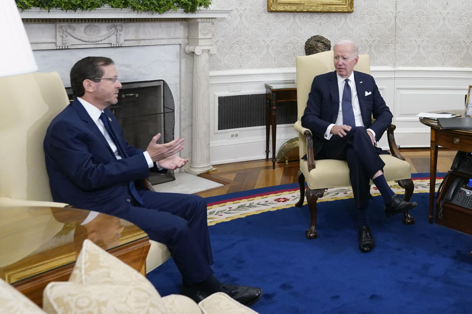 President Joe Biden and Israel's President Isaac Herzog, during a meeting in the Oval Office of the White House, Wednesday, Oct. 26, 2022, in Washington. (AP Photo/Patrick Semansky)